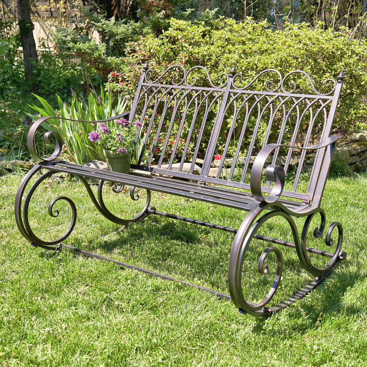 Metal Outdoor Rocking Bench, Bronze, 45 in L x 36 in W x 36 in H