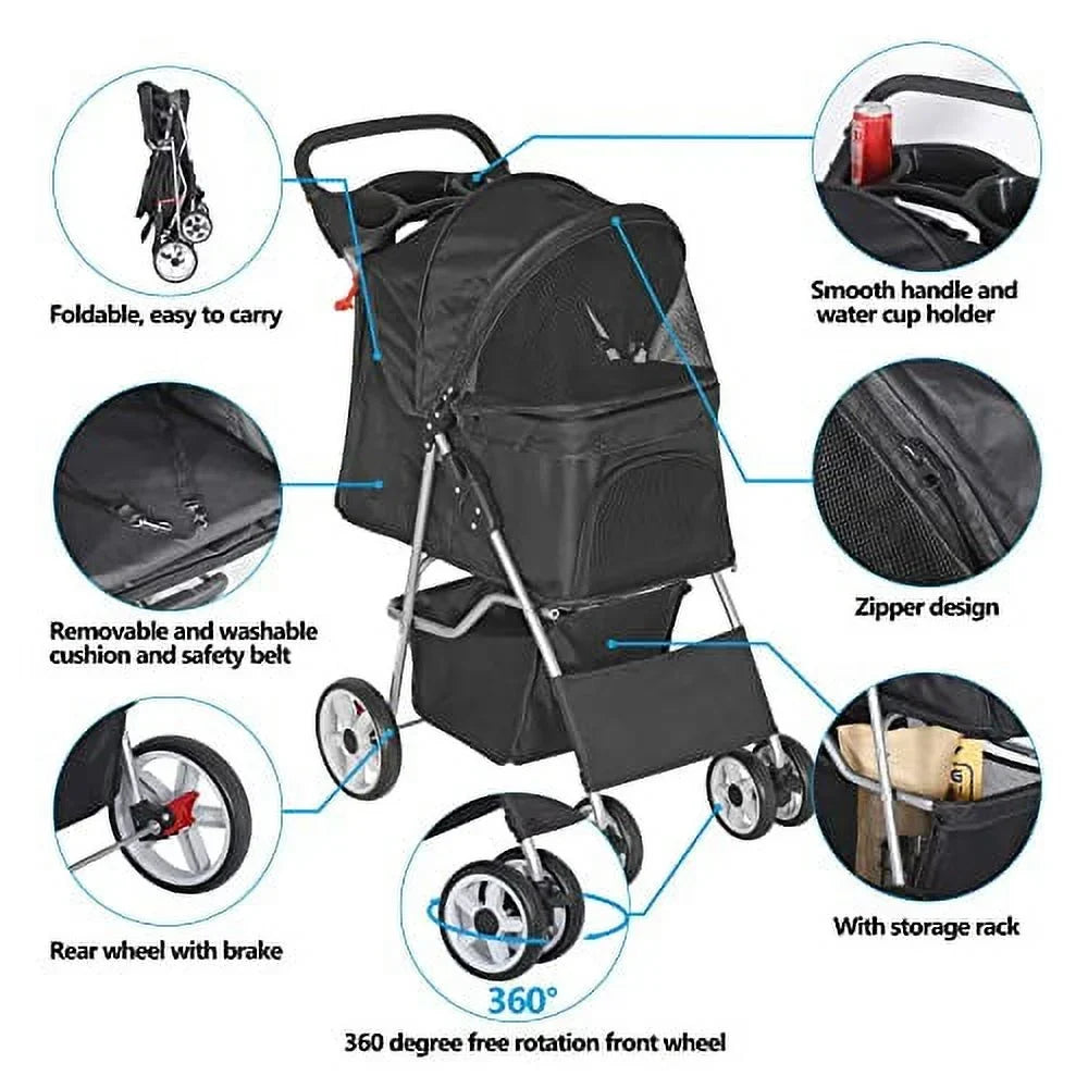 BBBuy 4-Wheel Foldable Pet Stroller, 33 Pounds, Black