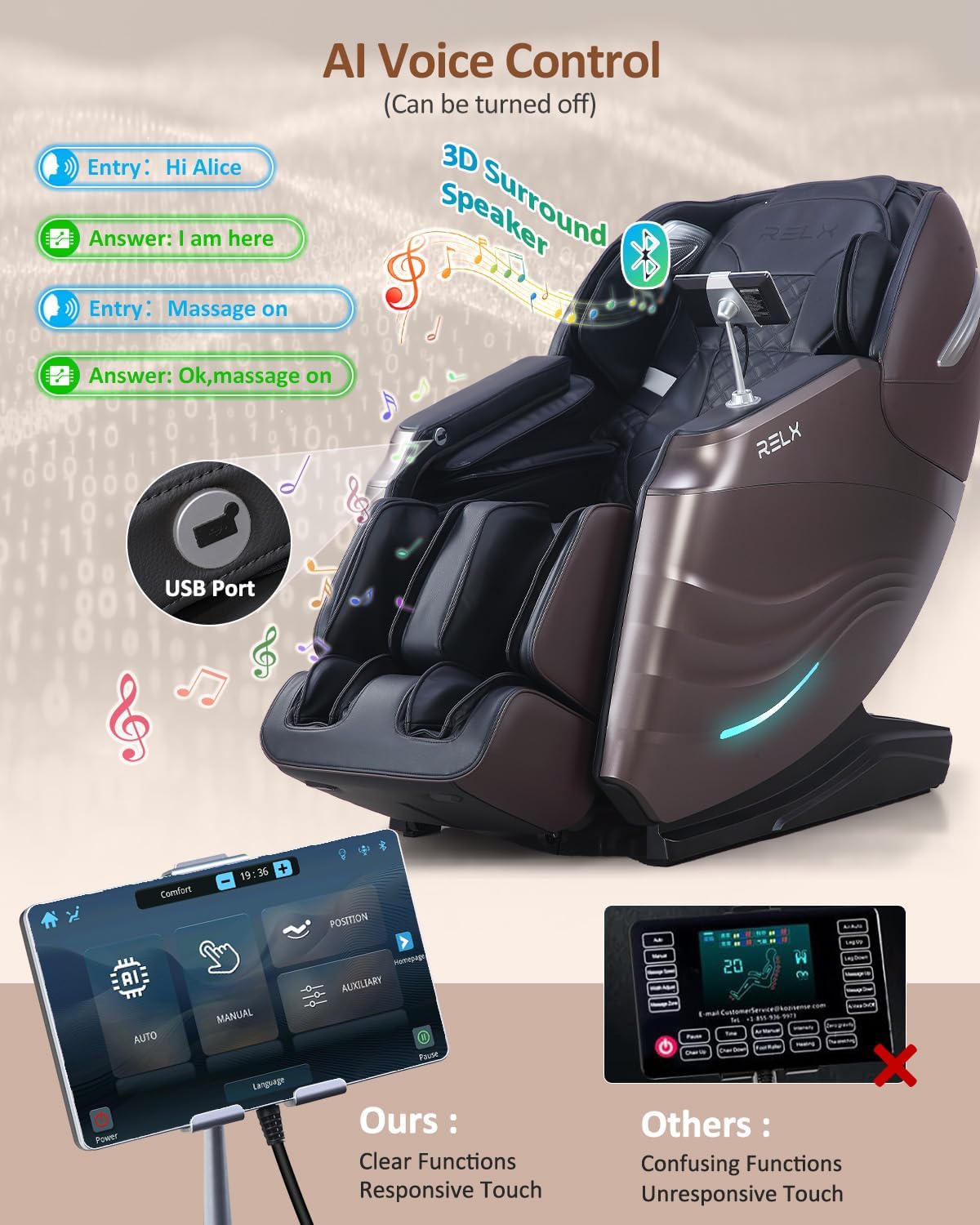 RELX Full Body Massage Chair, 20 Modes, 53-inch SL-Track, Brown