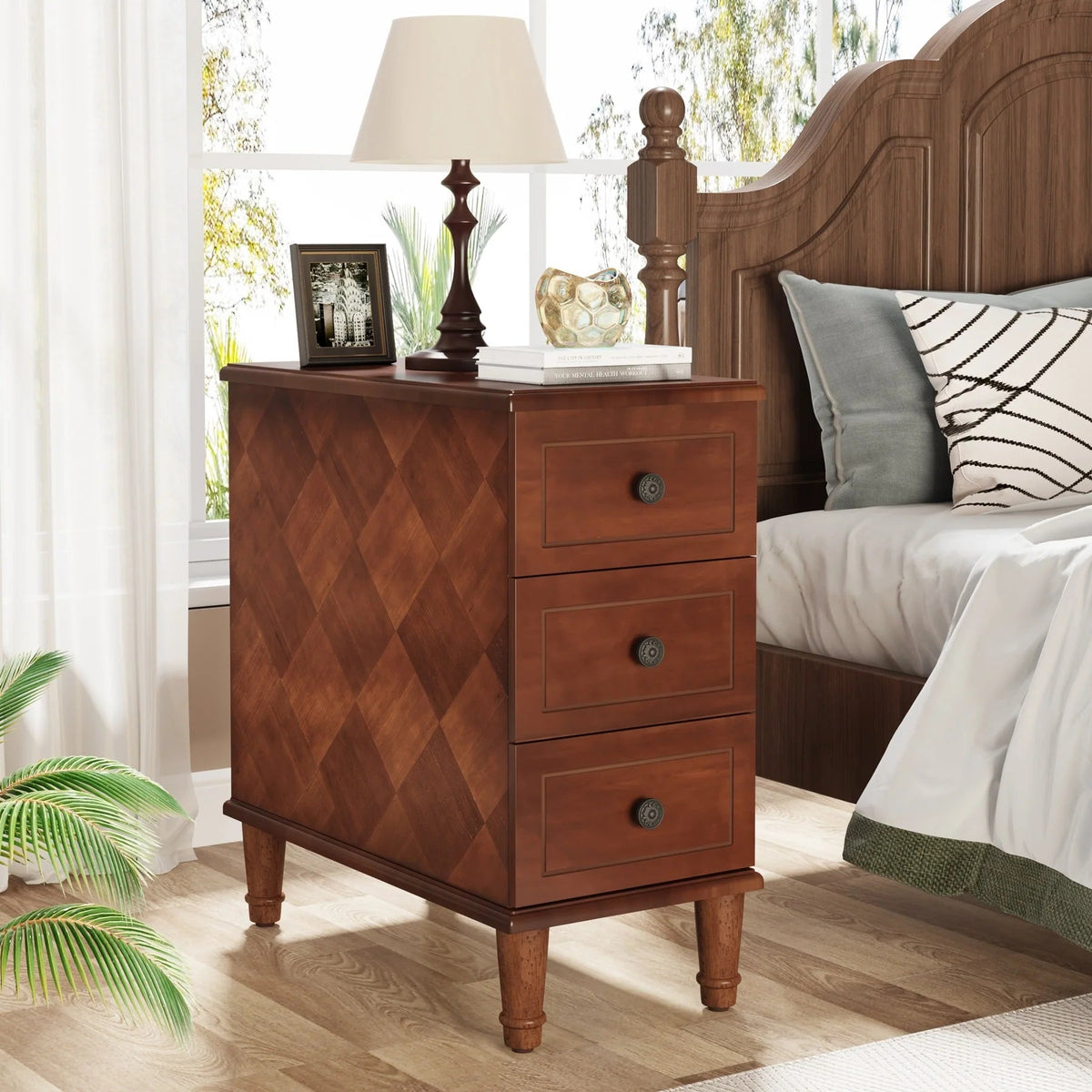 Solid Wood Narrow End Table With 3 Drawers - Fully Assembled