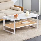 Glass Top Imitation Rattan Solid Wood Side Table, White - W1151134809