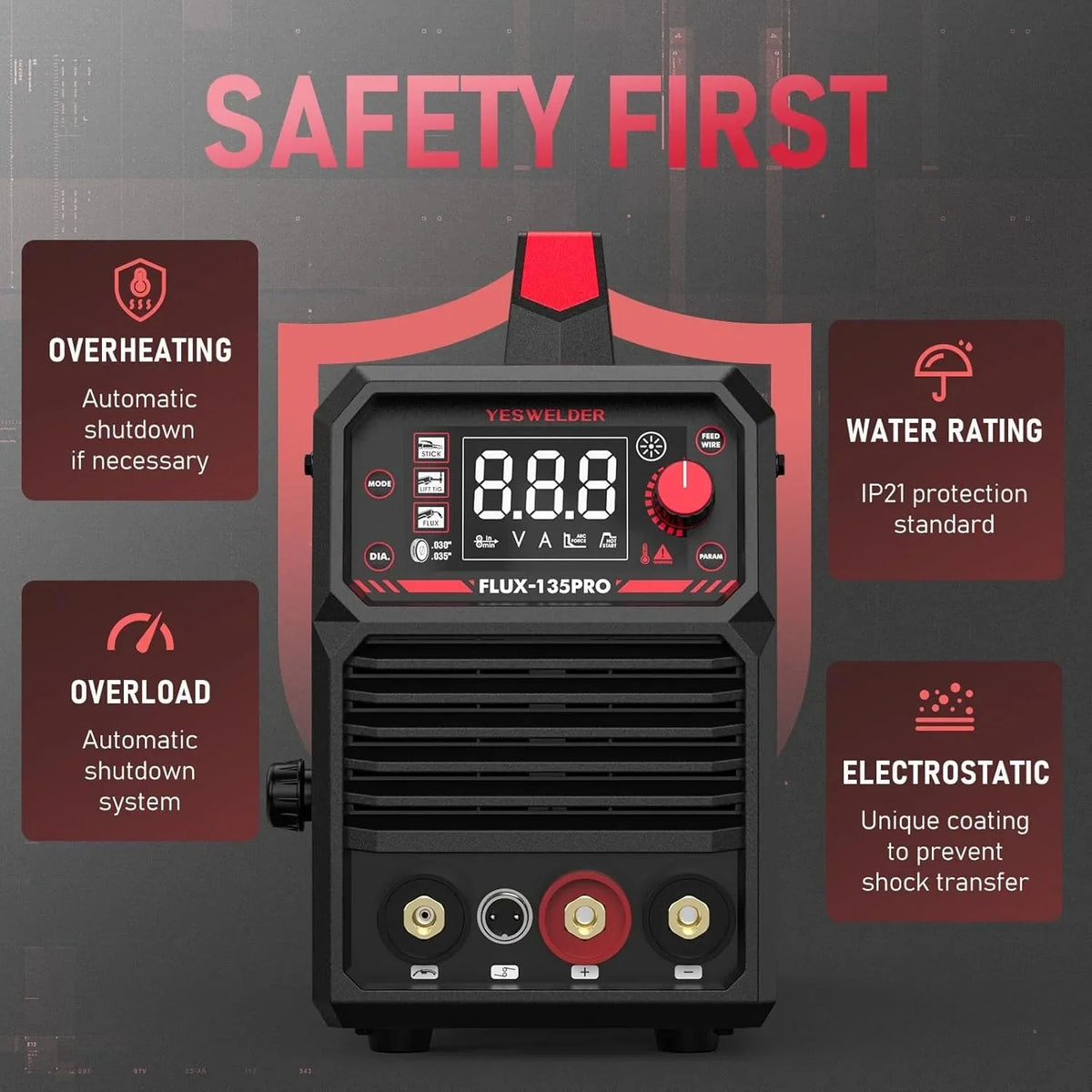 YESWELDER Flux Core MIG/Lift TIG/Stick Welder, 135 Amp, 110V - FLUX-135PRO