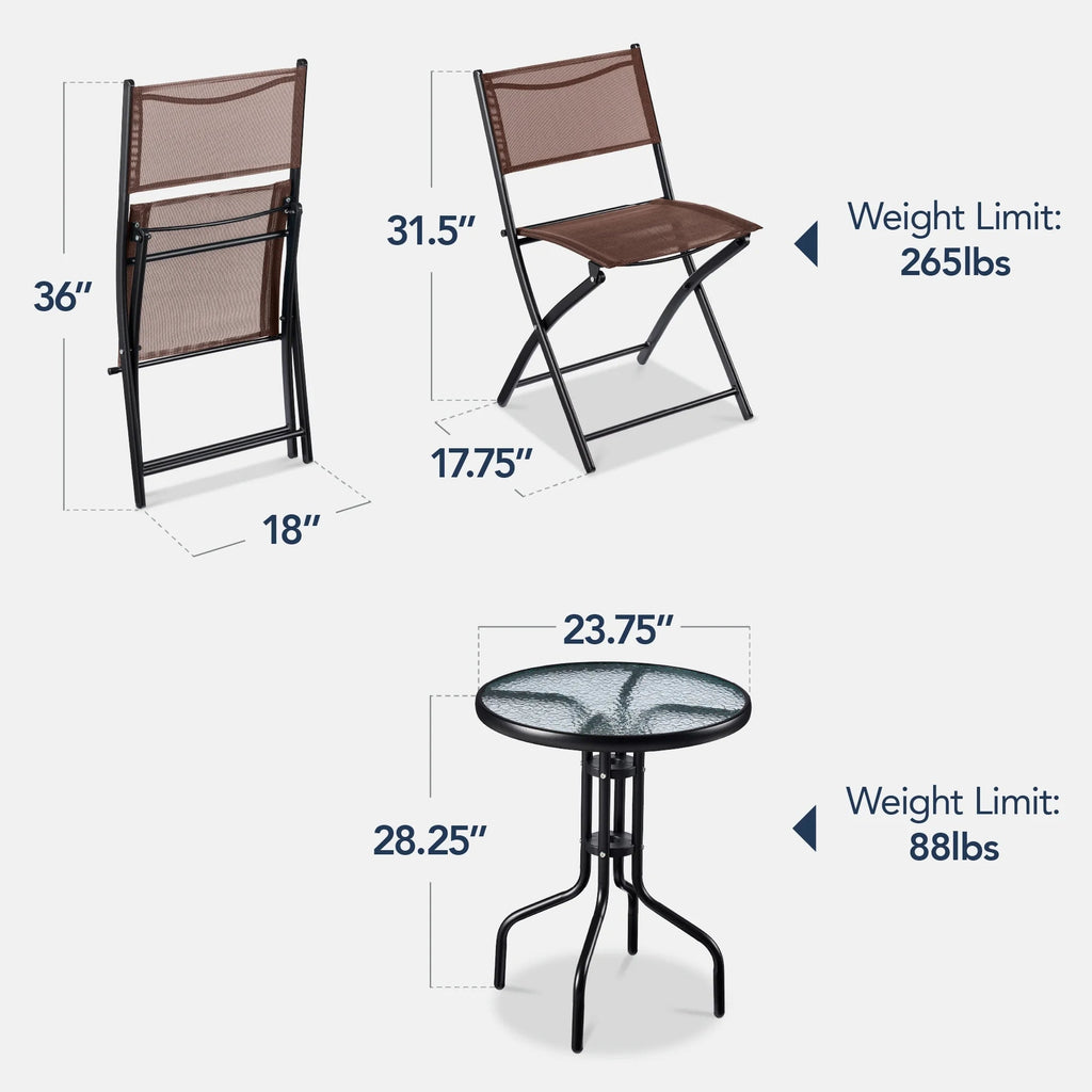 Best Choice Products 3-Piece Patio Bistro Dining Set With Glass Tabletop And Folding Chairs - Gray