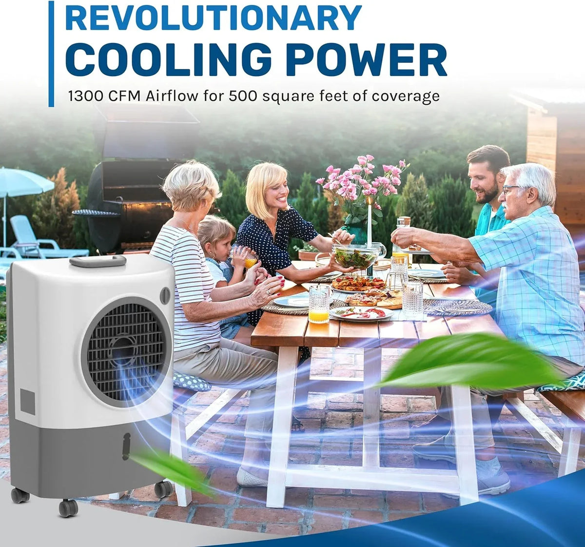 Hessaire Evaporative Air Cooler, 1300 CFM, 2-Speed Fan, 4.8-Gallon Tank, 53.4 dB, 500 Sq. Ft., White - MC18M