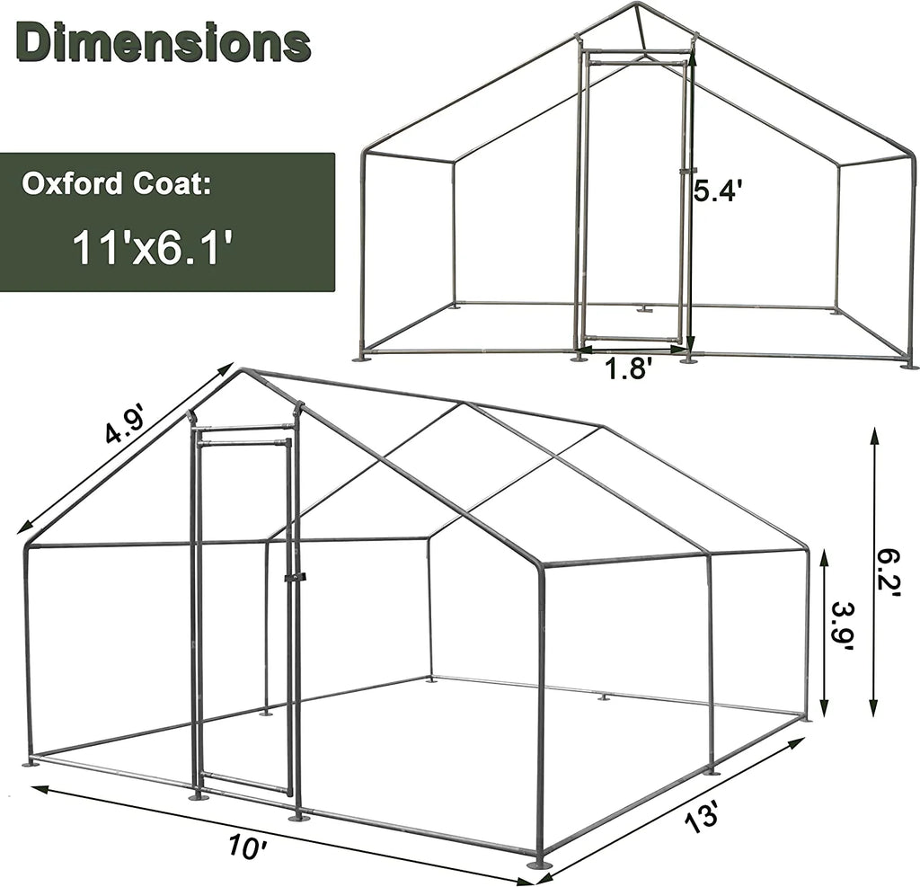 Metal Walk-In Chicken Run Cage With Cover, 10'L X 6.6'W X 6.56'H