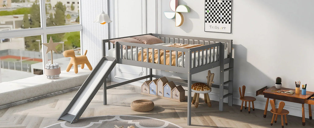 Gray Full Size Low Loft Bed With Ladder And Slide