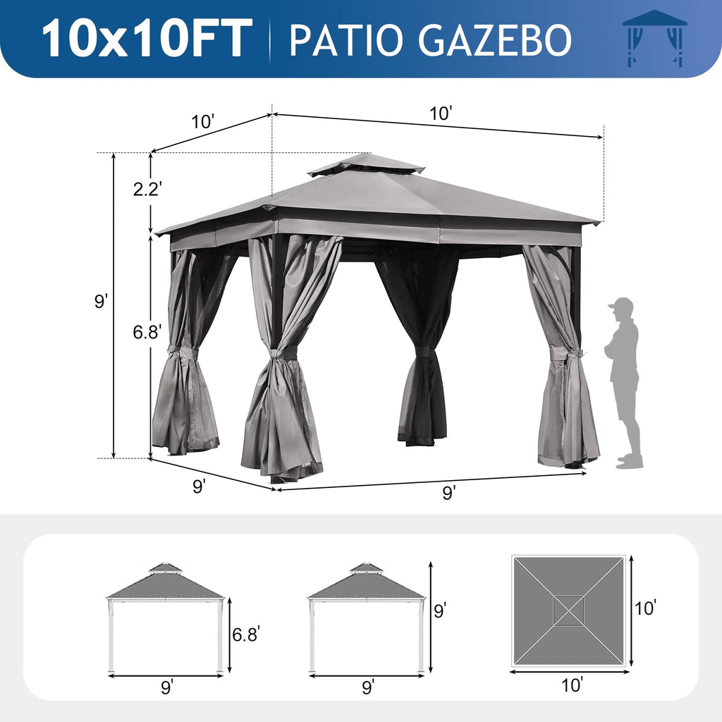 Outdoor Patio Gazebo With Mosquito Netting And Privacy Screens, 10'x10', Grey