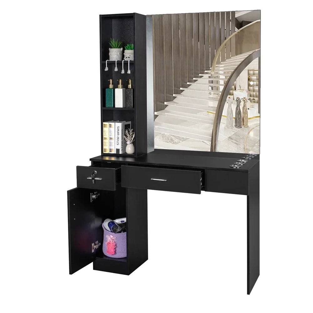 OmySalon Wall-Mount Barber Station With Mirror, 2 Drawers, 1 Storage Cabinet And 3 Open Shelves