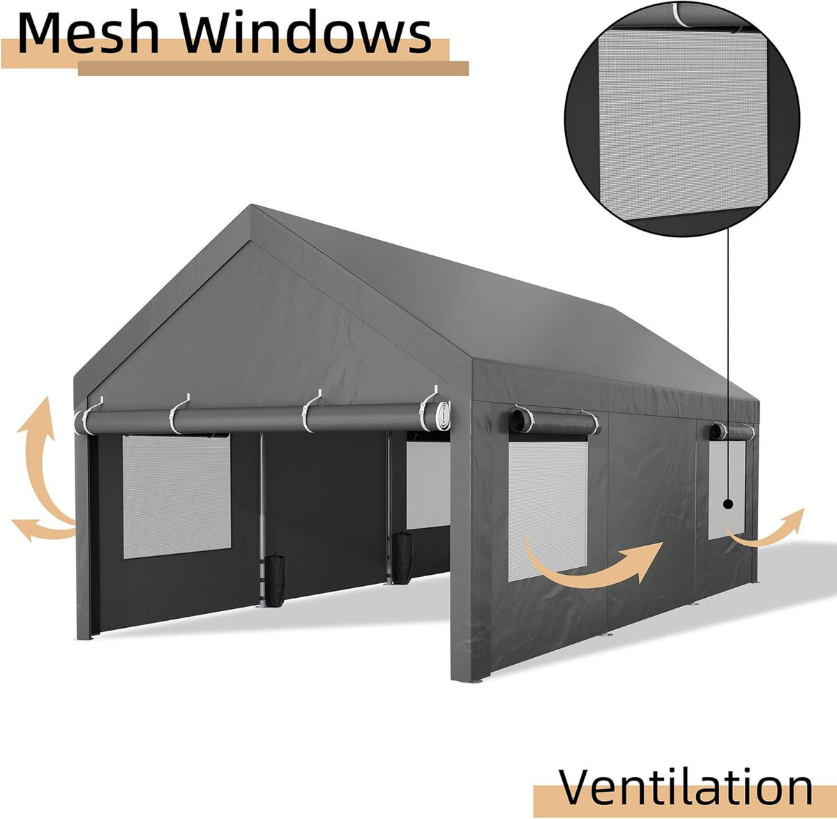 JY QAQA Heavy Duty Carport 12x20 FT With Removable Side Walls And Doors, Grey