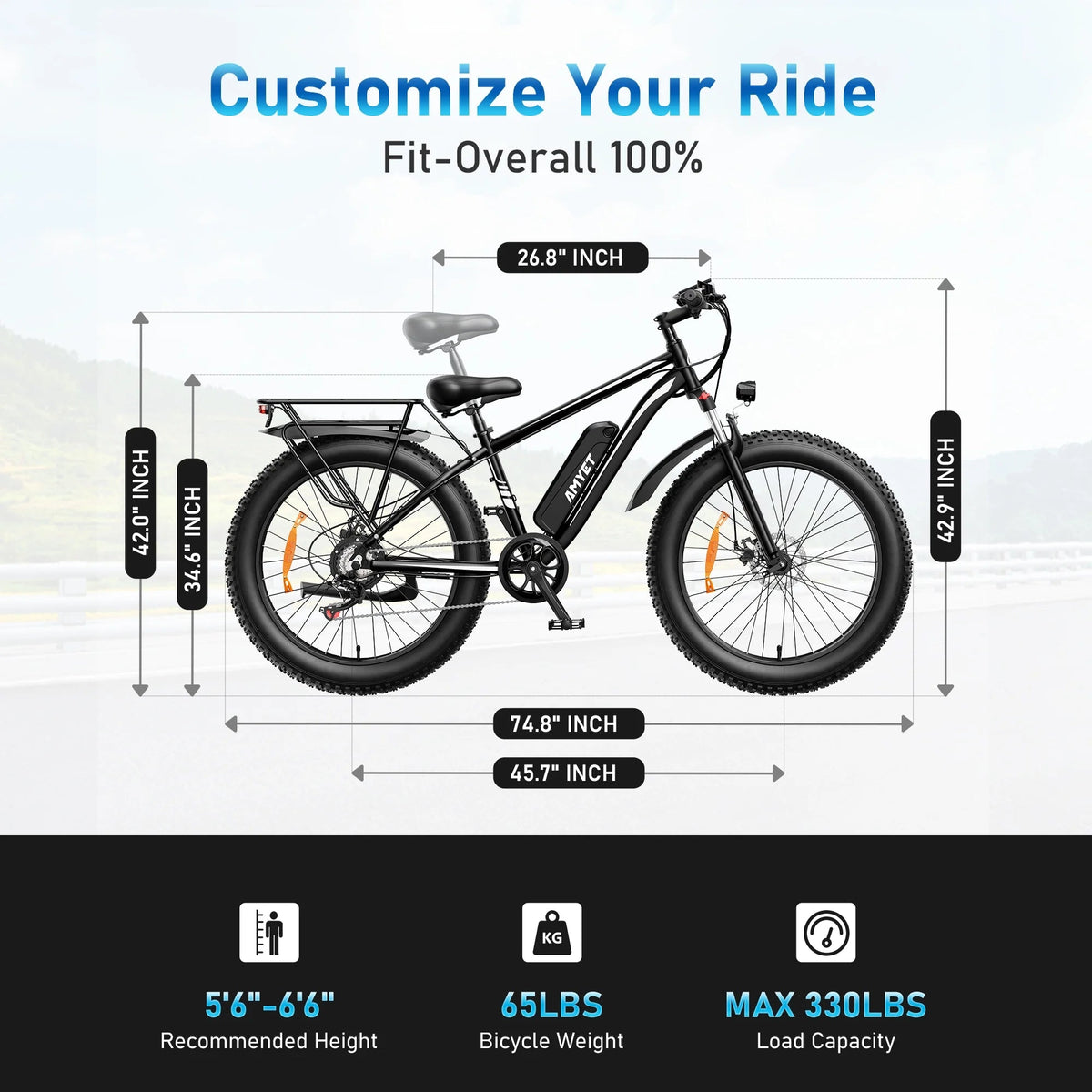 AMYET 26 x 4 Fat Tire Electric Mountain Bike, 48V 15Ah, 7-Speed - EB26