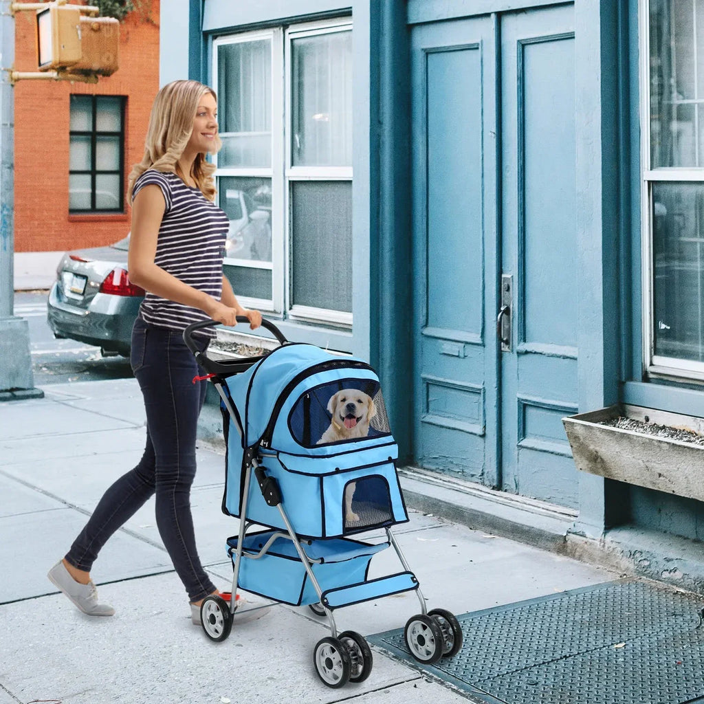 Dkelincs Folding Pet Stroller With Cup Holder And Storage Basket, Blue - 35 lbs