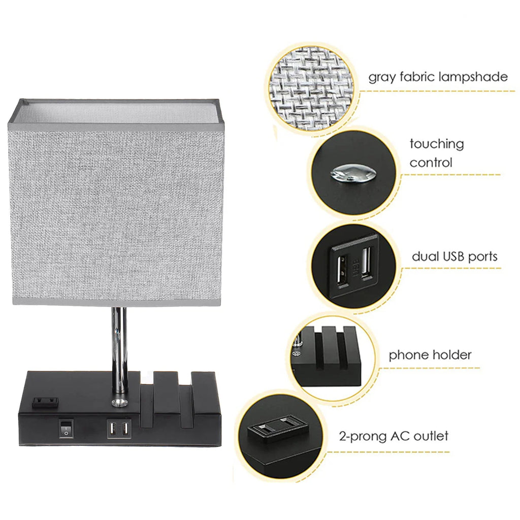 Touch Control Table Lamp With 2 USB Ports, 1 AC Outlet, 2 Phone Stands, Black Wooden Base And Grey Shade