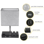 Touch Control Table Lamp With 2 USB Ports, 1 AC Outlet, 2 Phone Stands, Black Wooden Base And Grey Shade