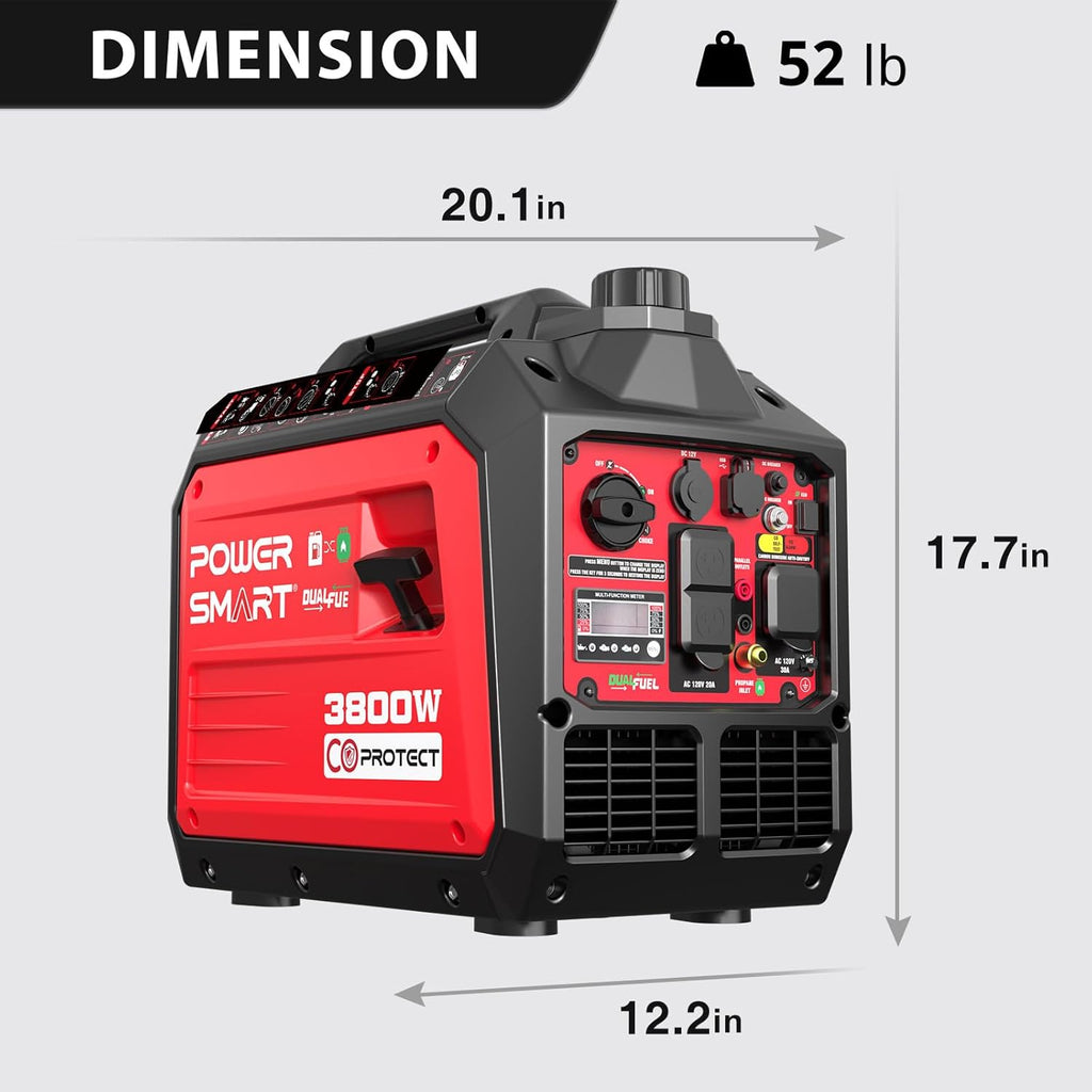 PowerSmart Dual Fuel Inverter Generator, 3800 Watt, 149cc 4-Stroke OHV Engine, RV Ready Outlet