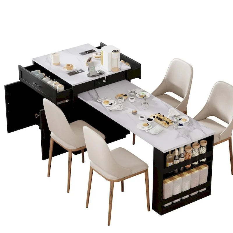 82.7 Wooden Kitchen Island With Extendable Dining Table And Double-Sized Storage