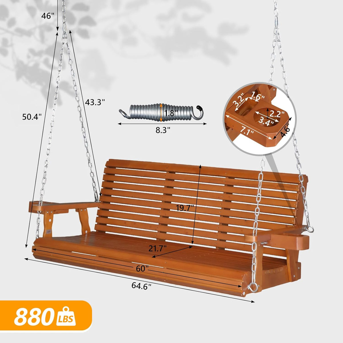 VINGLI Patio Porch Swing Bench With Cup Holders And Phone Slots, 5 FT Pro Brown, 880 LBS