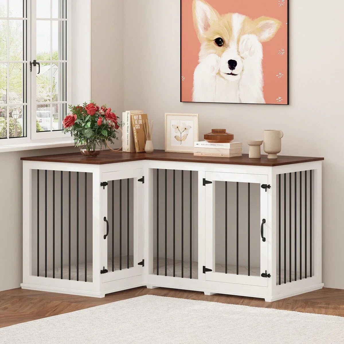 L Shape Corner Dog Crate Furniture For 2 Dogs, 58.7X41.1