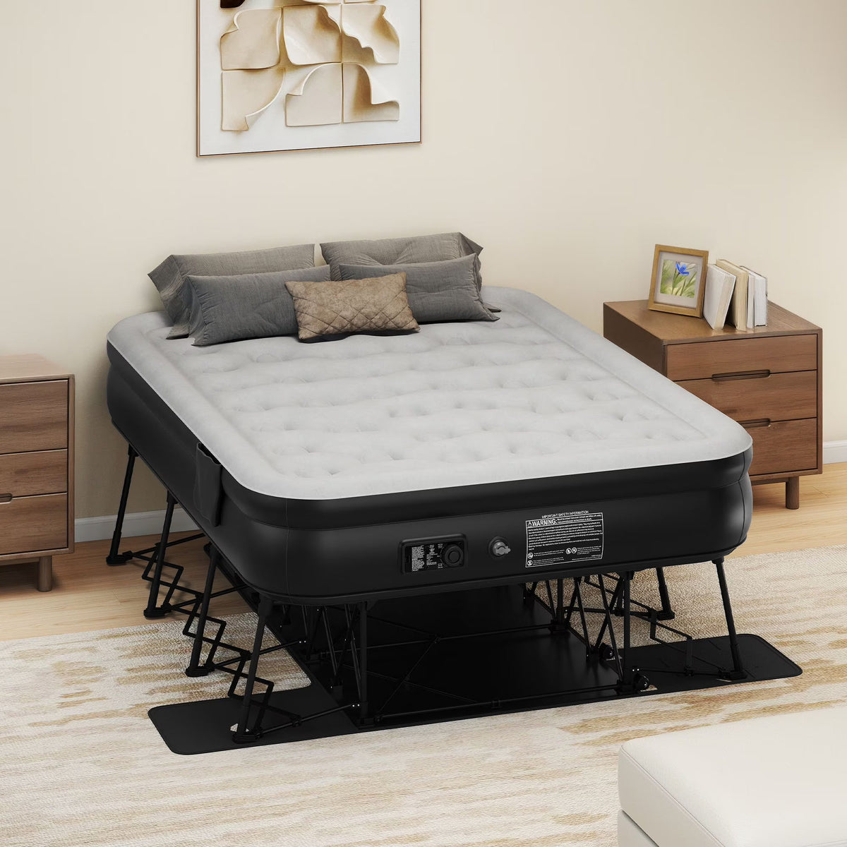 Dextrus Inflatable Queen Air Mattress With Built-In Pump, Steel Frame, Velvet Surface, Khaki