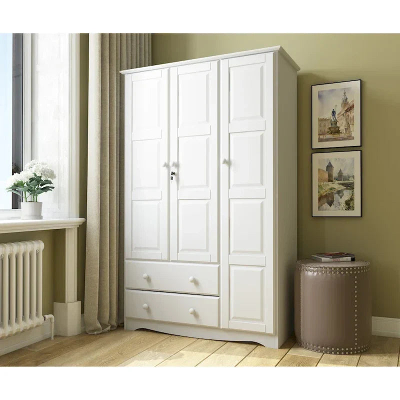 3-Door Solid Wood Wardrobe Armoire With 2 Drawers - 72in H x 45.8in W x 20.75in D