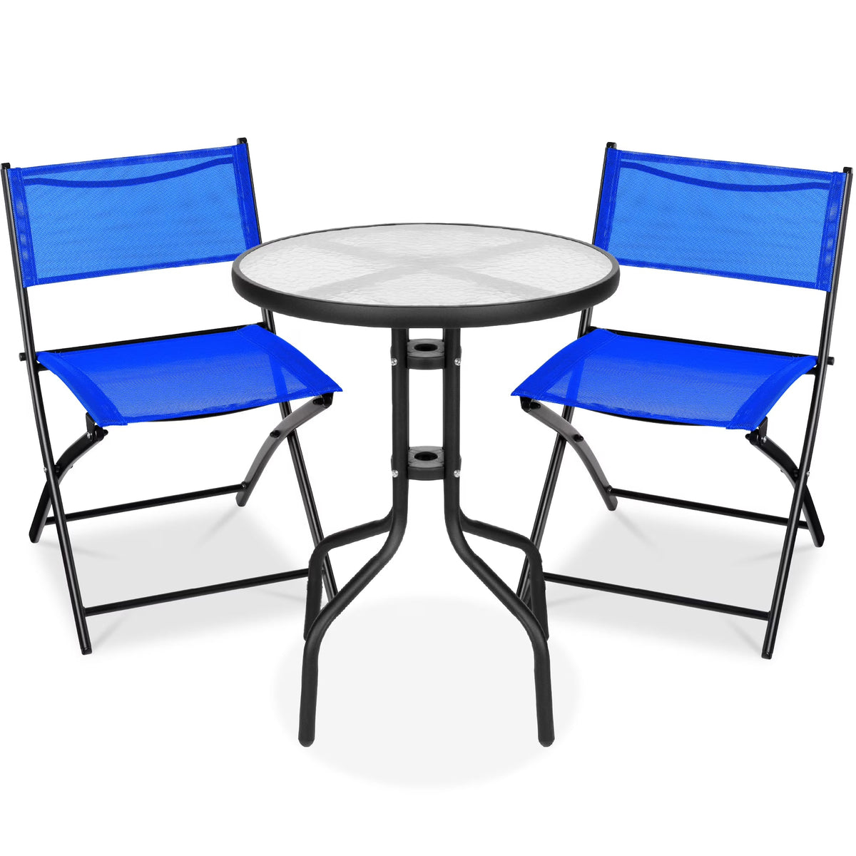 Best Choice Products 3-Piece Patio Bistro Dining Set With Glass Tabletop And Folding Chairs - Gray