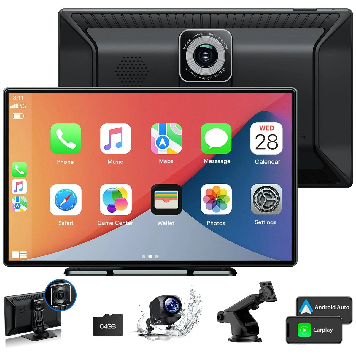 LAMTTO 9 inch Portable Wireless CarPlay Car Stereo With 2.5K Dash Cam, 1080p Backup Camera And 64GB SD Card