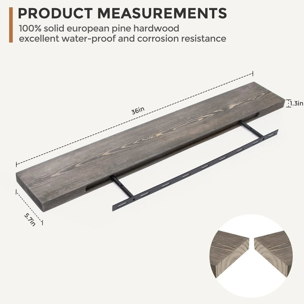 Set Of 2 Handcrafted European Pine Floating Wall Shelves, 16inch/24inch/36inch, Grey/Espresso/Walnut