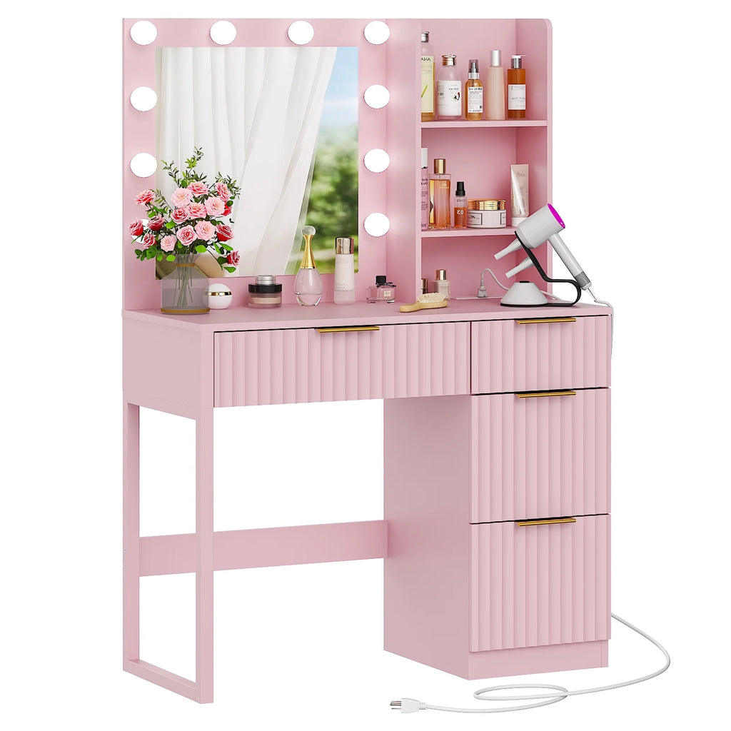 Ktaxon Vanity Makeup Table With Stool, 3-Color Lighted Mirror, 3 Shelves, Drawers, White - 35.43 x 15.55 x 29.53-53.27 in