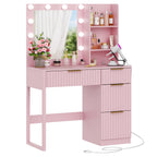 Ktaxon Vanity Makeup Table With Stool, 3-Color Lighted Mirror, 3 Shelves, Drawers, White - 35.43 x 15.55 x 29.53-53.27 in