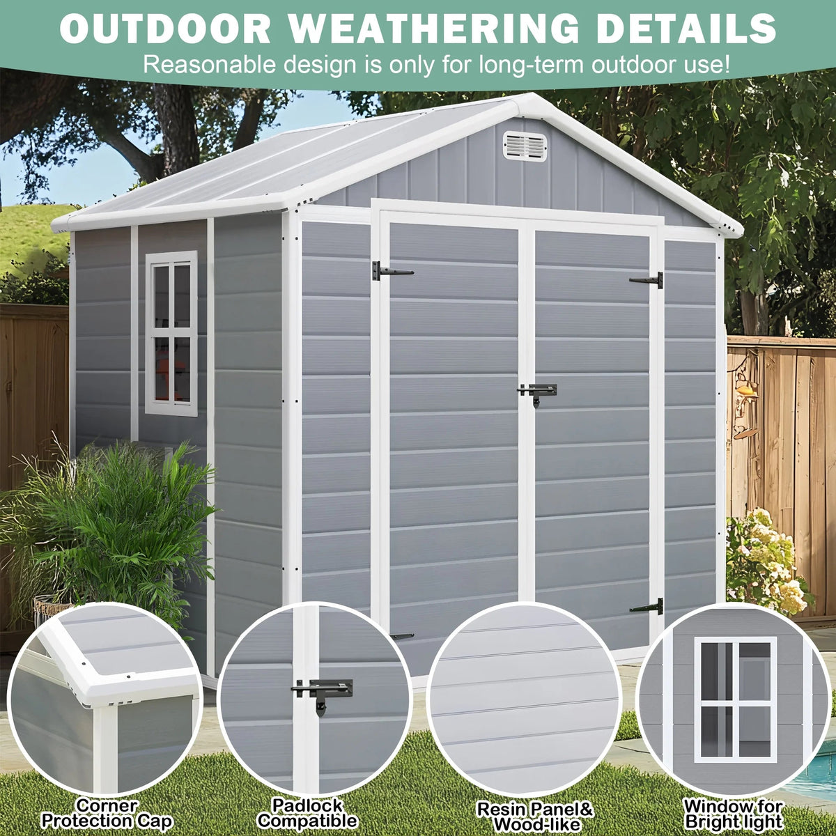 Seizeen Resin Outdoor Storage Shed With Floor, Light Gray, 82 in H