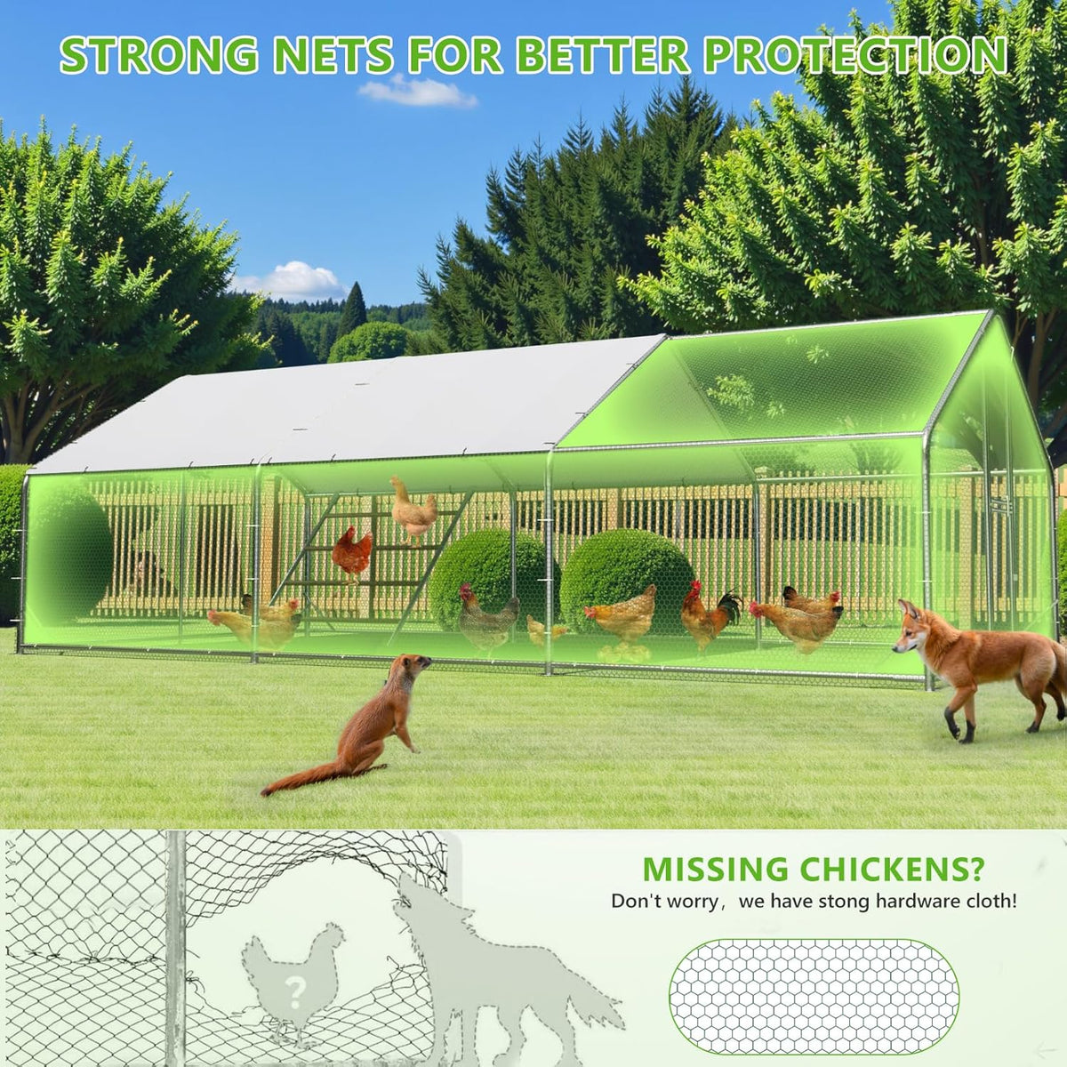Metal Chicken Run With Feeding Door, Anti-UV Cover And Perch - 6-5x10-ft, 13x10-ft, 20x10-ft Or 26x10-ft