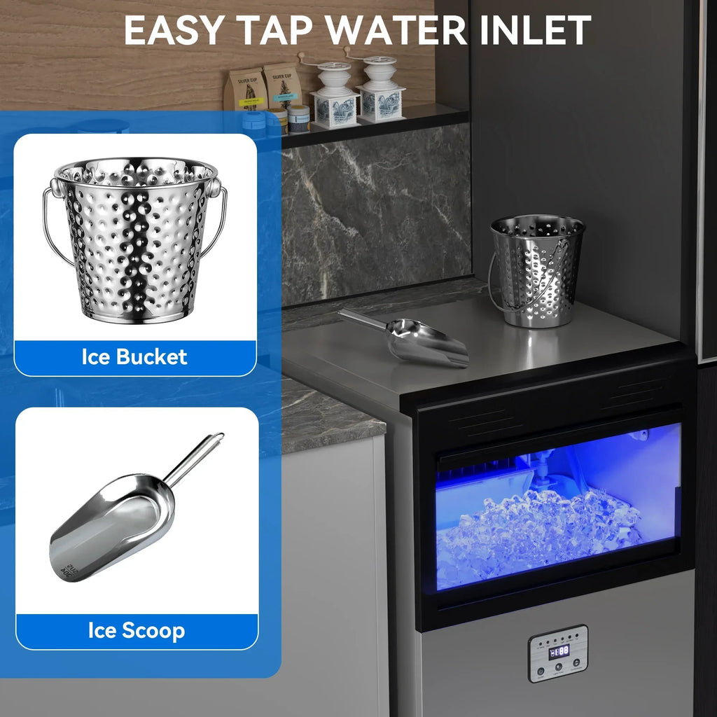 Dextrus Commercial Ice Maker, 200LBS/24H, 48LBS Storage Bin, 2-liter Ice Bucket, Freestanding, Stainless Steel