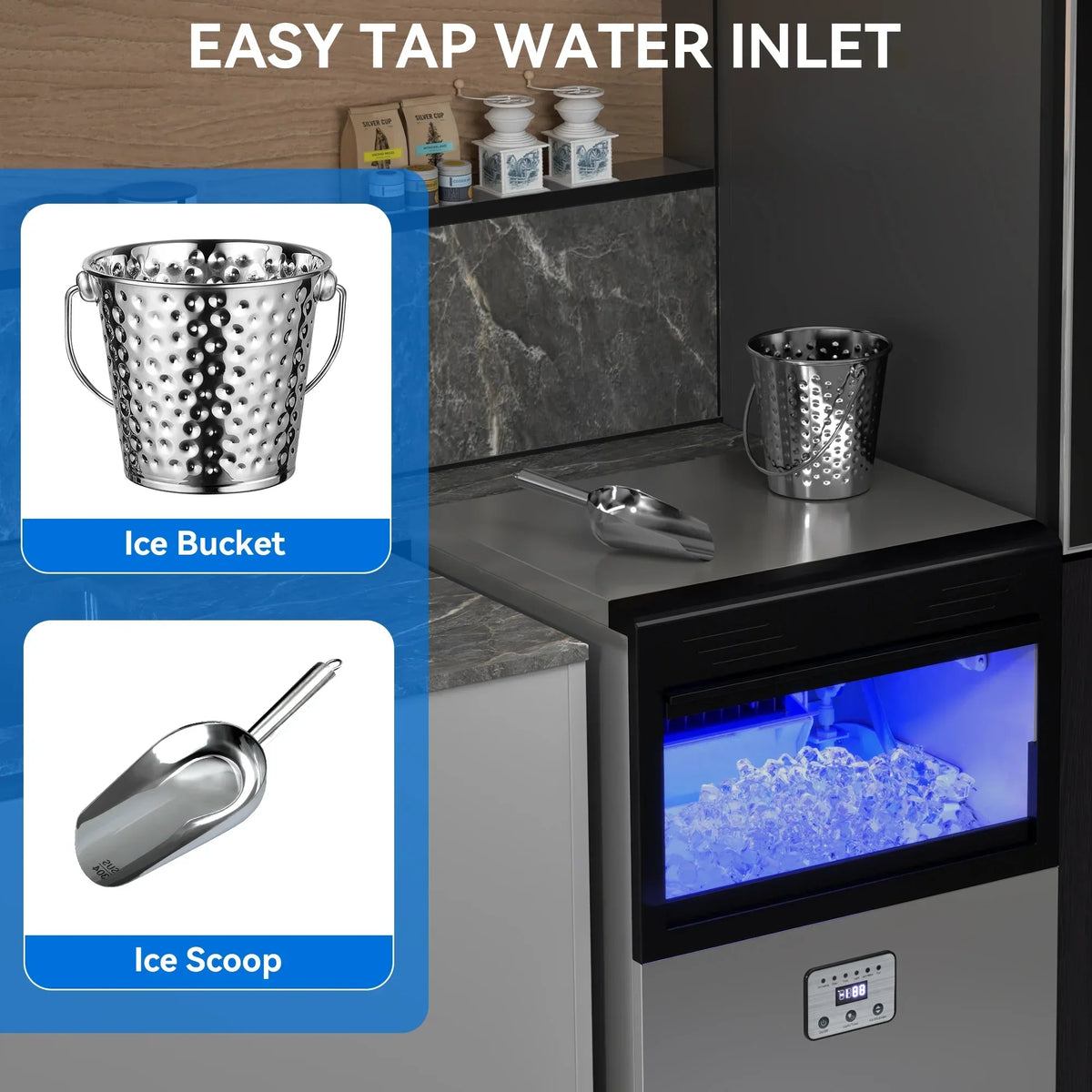 Dextrus Commercial Ice Maker, 200LBS/24H, 48LBS Storage Bin, 2-liter Ice Bucket, Freestanding, Stainless Steel
