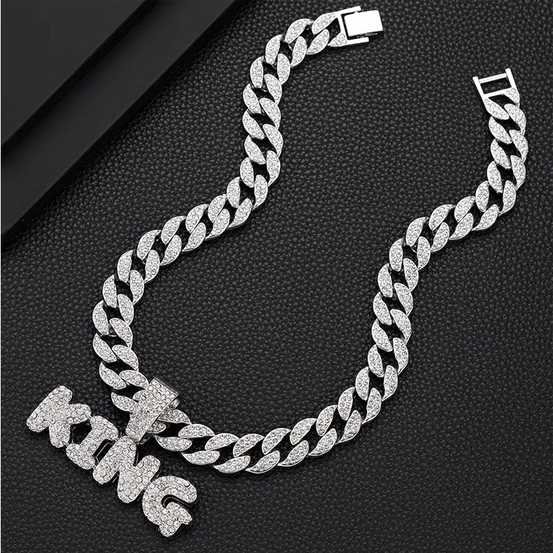 Full Diamond King Football Pendant Necklace With 20in Cuban Link Chain, 13mm Width