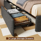 King Size Upholstered Bed Frame With 4 Storage Drawers, Charging Station And LED Headboard - Dark Grey