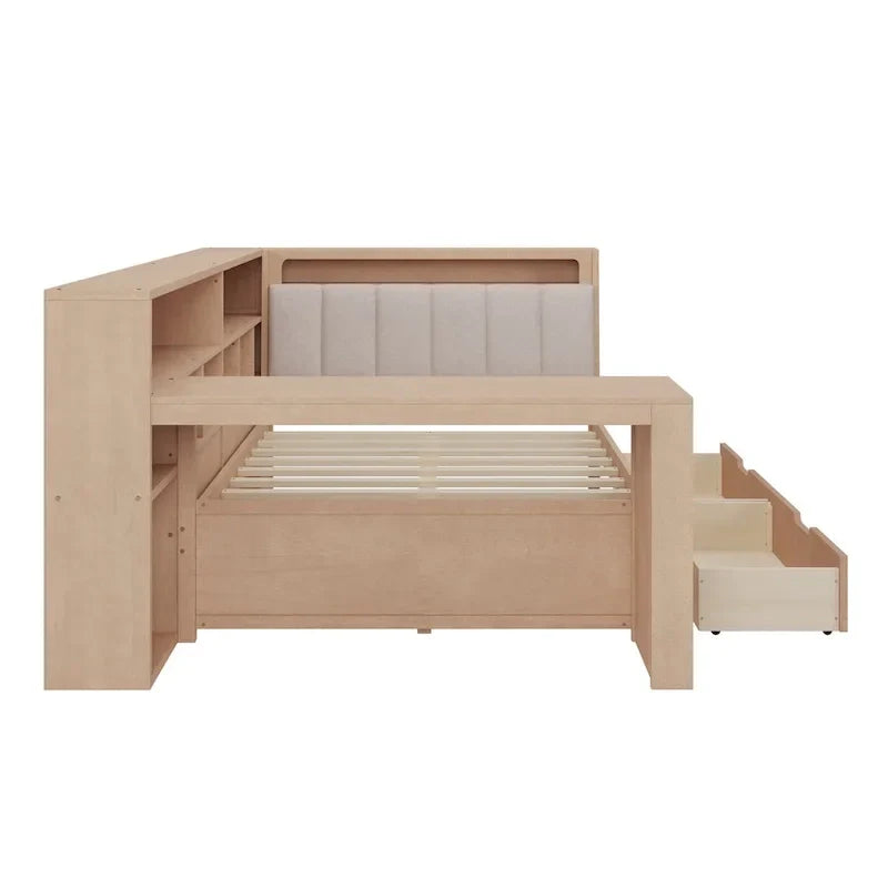 Ivery Furniture L-Shaped Wooden Twin/Full Daybed With Desk, Bookcase, Drawers And RGB Light - Natural/White