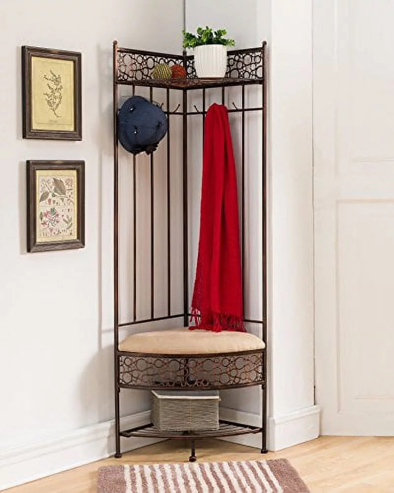 Kings Brand Furniture Metal Corner Entryway Storage Bench With Coat Rack - Brushed Copper