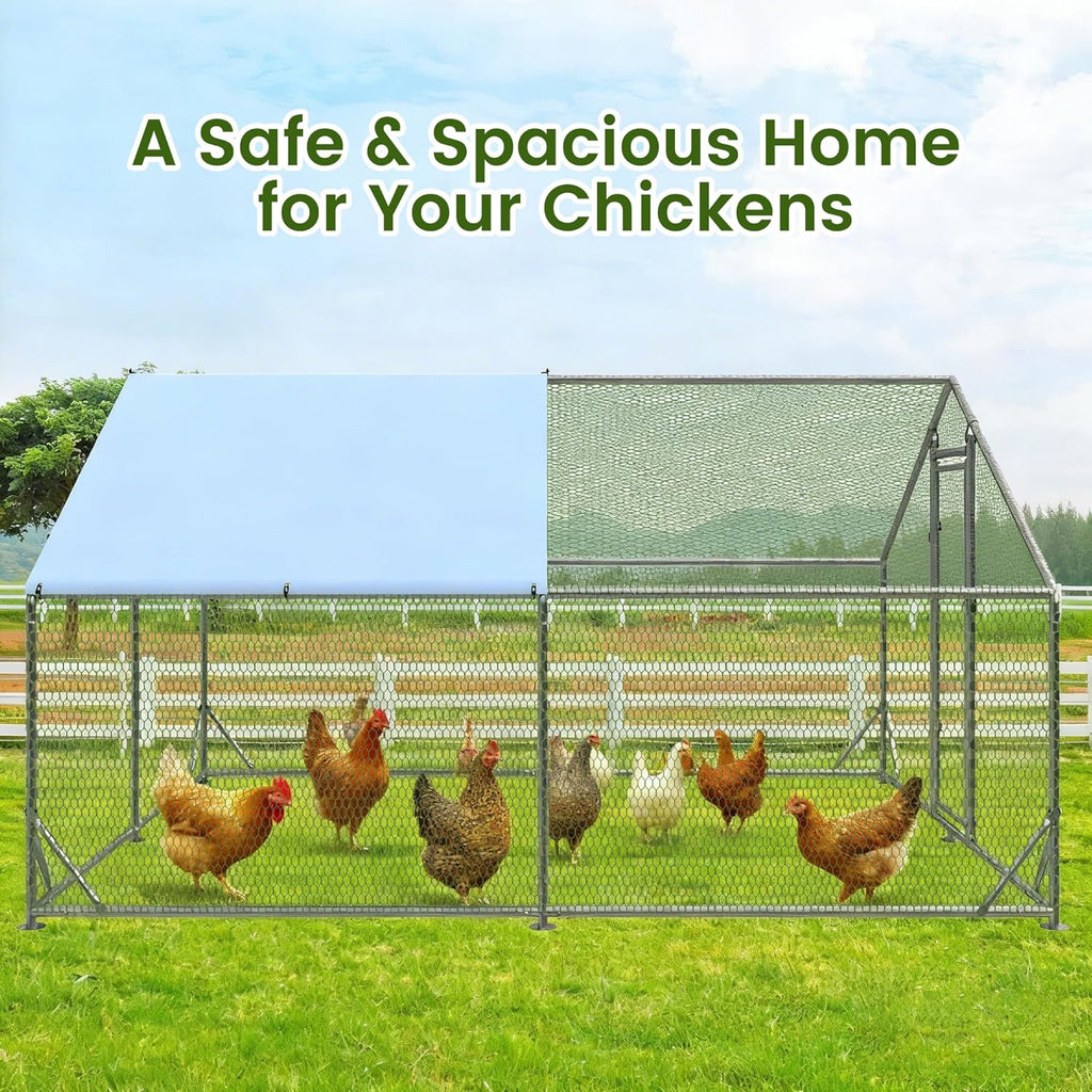 Metal Walk-In Chicken Run Cage With Waterproof Anti-Ultraviolet Cover, 19.6' L x 9.8' W x 6.4' H