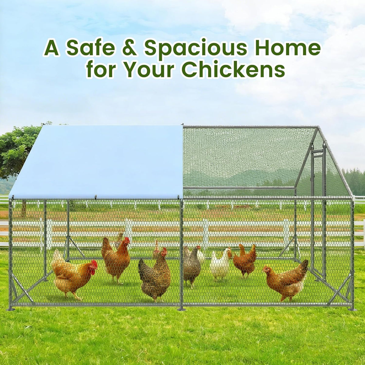 Metal Walk-In Chicken Run Cage With Waterproof Anti-Ultraviolet Cover, 19.6' L x 9.8' W x 6.4' H
