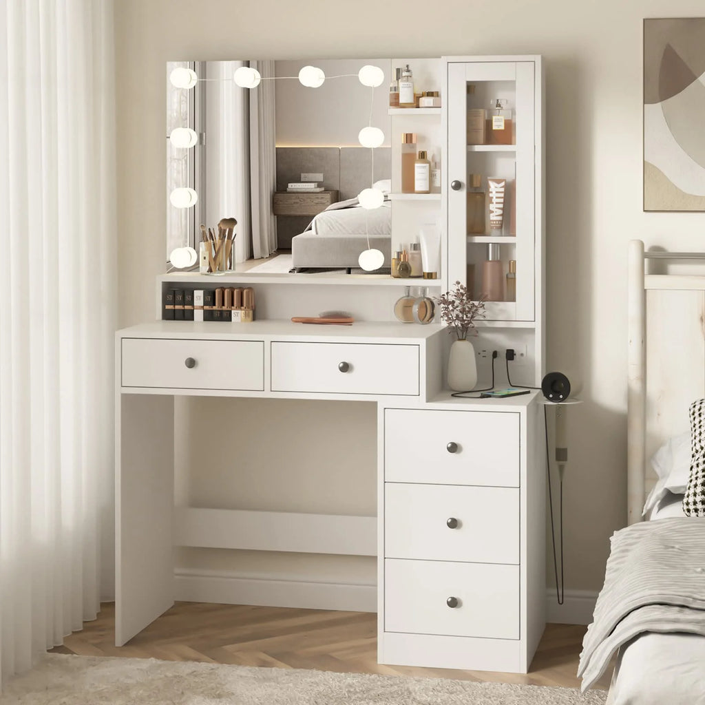 VEANERWOOD Makeup Vanity Desk With Lighted Mirror, Power Strip, 5 Drawers, White - 39.4in x 15.7in x 56.7in