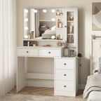 VEANERWOOD Makeup Vanity Desk With Lighted Mirror, Power Strip, 5 Drawers, White - 39.4in x 15.7in x 56.7in