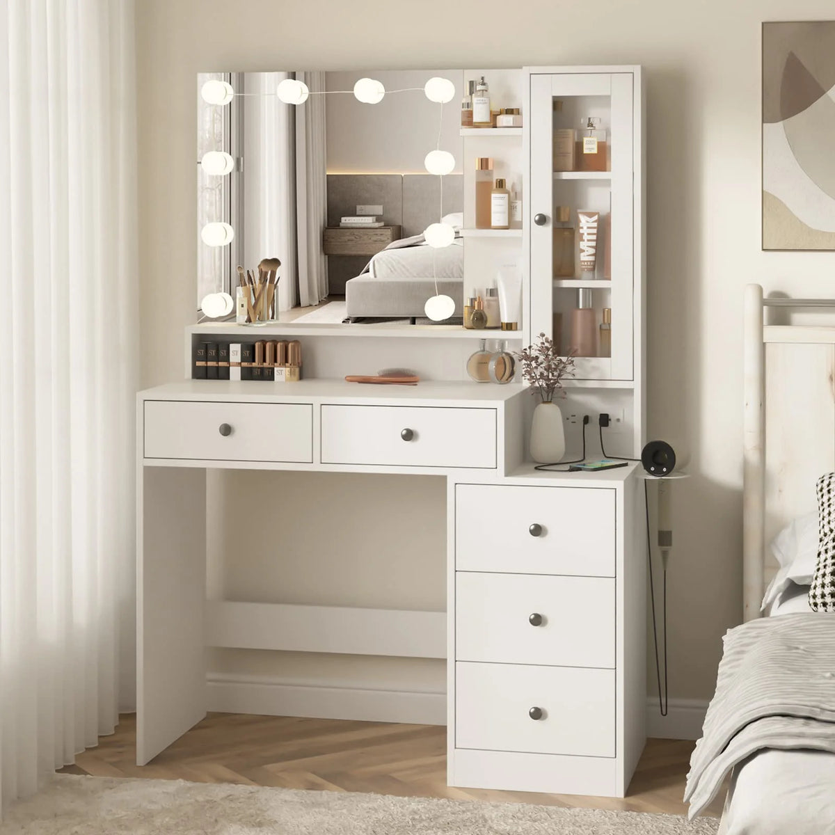 VEANERWOOD Makeup Vanity Desk With Lighted Mirror, Power Strip, 5 Drawers, White - 39.4in x 15.7in x 56.7in