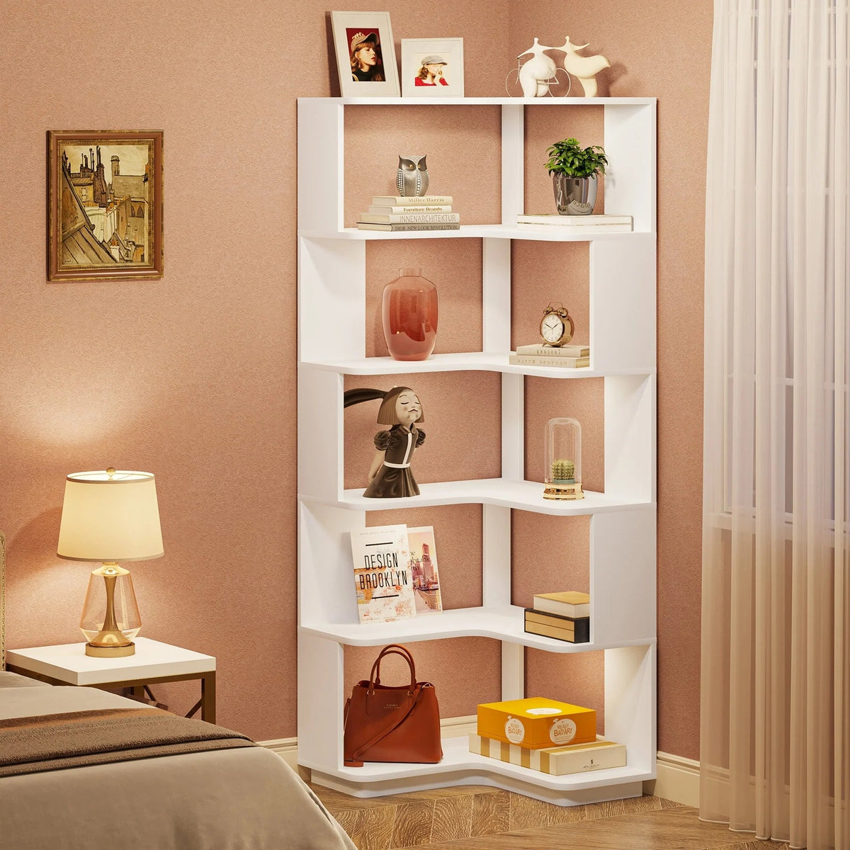 6-Tier Corner Bookshelf, 64.9 Inch Tall, Freestanding Wood Industrial Bookcase