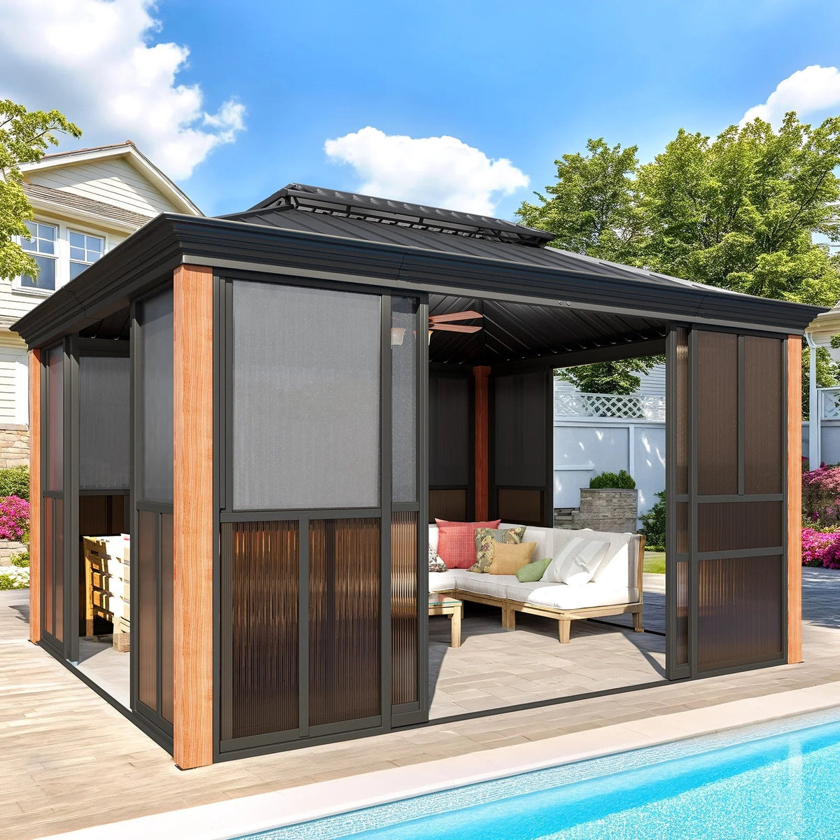 EROMMY Sunroom 10 x 12 ft With Galvanized Steel Double Roof, Aluminum Alloy Frame, Wood Grain Appearance
