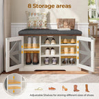 Farmhouse Shoe Storage Bench With Cushion, 31.4in, Metal Barn Door, Old White