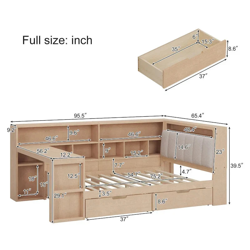 Ivery Furniture L-Shaped Wooden Twin/Full Daybed With Desk, Bookcase, Drawers And RGB Light - Natural/White