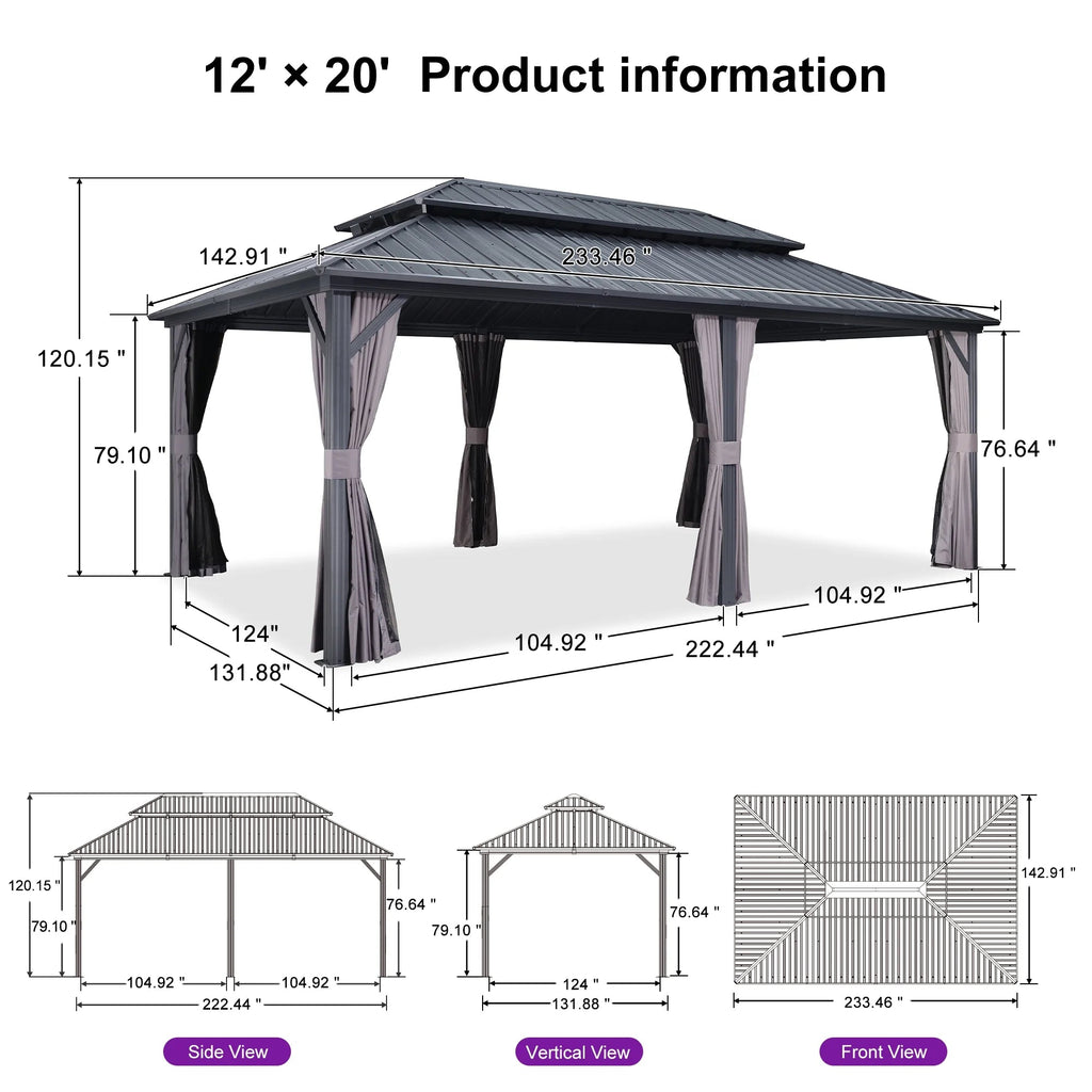 PURPLE LEAF Outdoor Hardtop Gazebo, 8' X 8', Galvanized Steel Double Roof, Aluminum Frame, Grey
