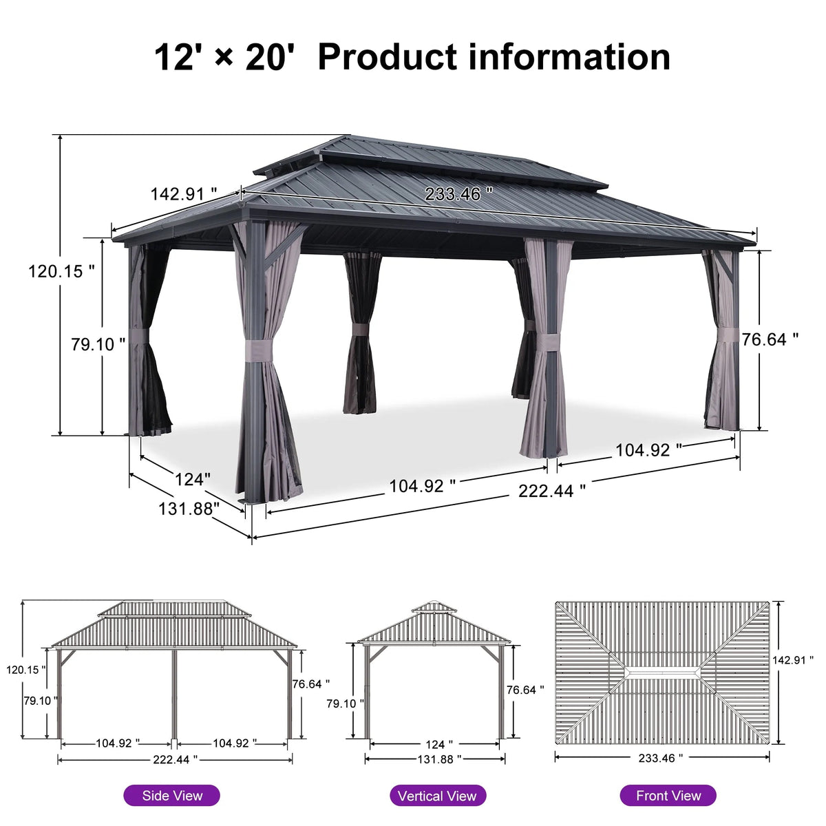 PURPLE LEAF Outdoor Hardtop Gazebo, 8' X 8', Galvanized Steel Double Roof, Aluminum Frame, Grey
