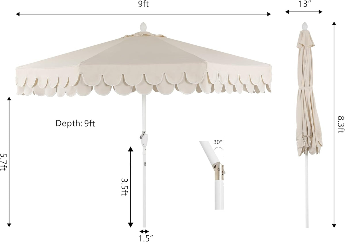 JONATHAN Y 9 ft. Classic Midcentury Scalloped Fringe Market Patio Umbrella - UMB1002C