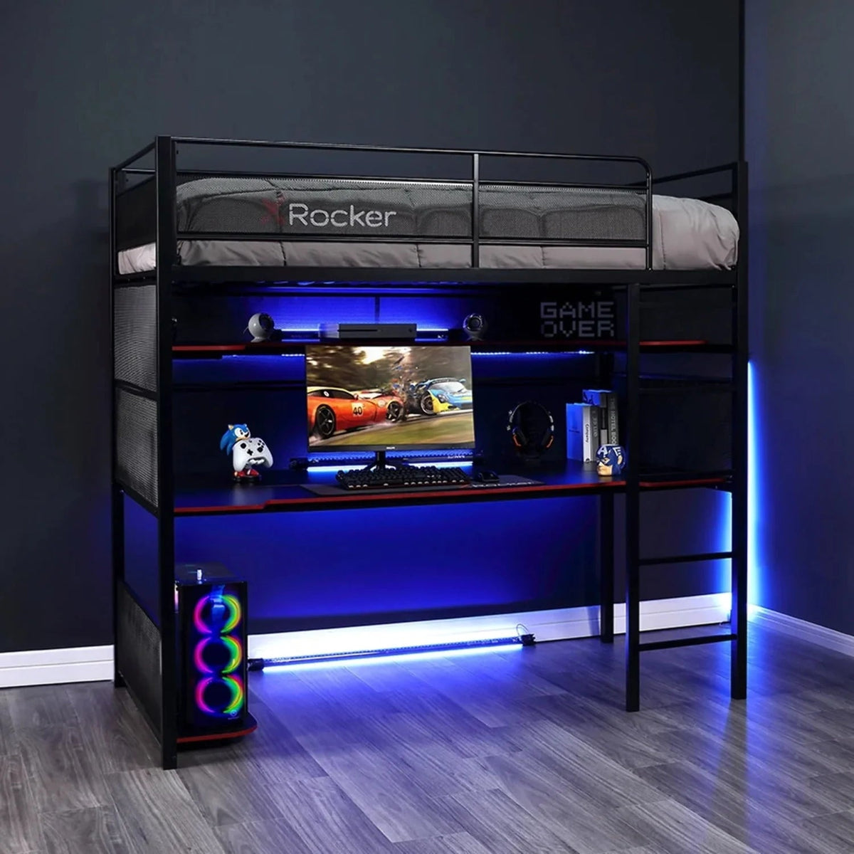 X Rocker Battle Bunk Gaming Bed With Desk, Metal, Twin, Black