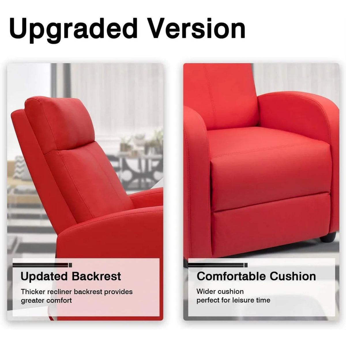 PU Leather Recliner Chair, 27.6 x 35.8 x 38.6 in, 3 Reclining Positions